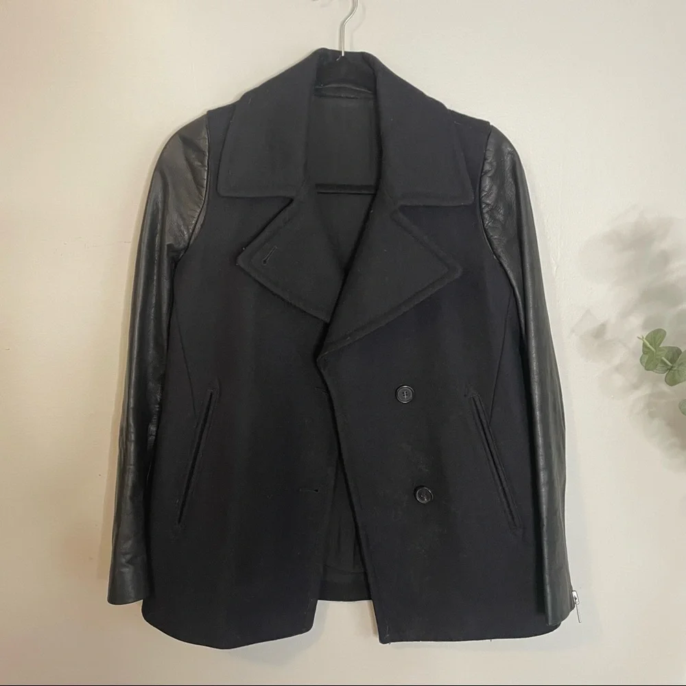 All Saints Ishba Leather and Wool Peacoat Black Size 4 - Picture 3 of 9